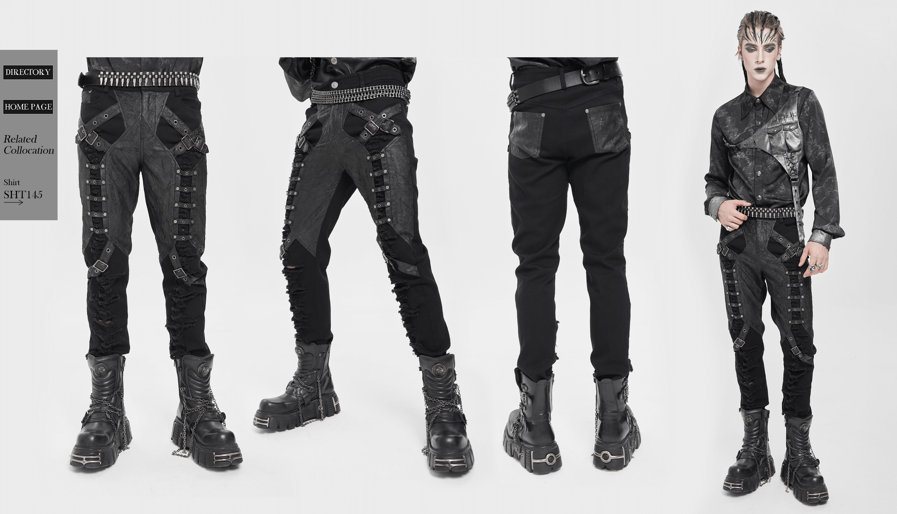 Pantalones Punk Desgastados con Correas y Apliques de Cuero
