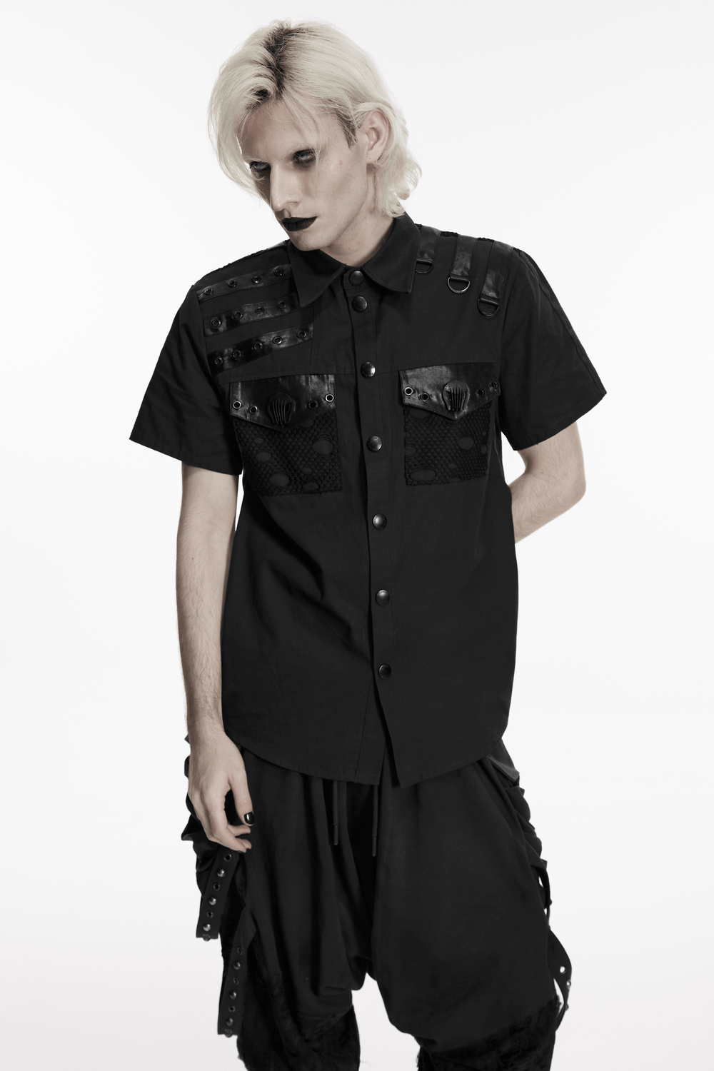 Punk Distressed Shirt with D-Ring Shoulder Loops worn by model, featuring metal eyelets and textured panels.