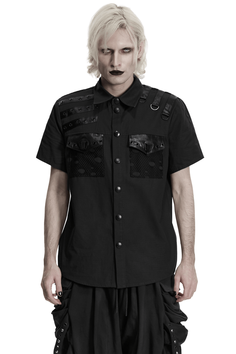 Punk Distressed Shirt with D-Ring Shoulder Loops worn by model, showcasing edgy design with eyelet panels and pockets.