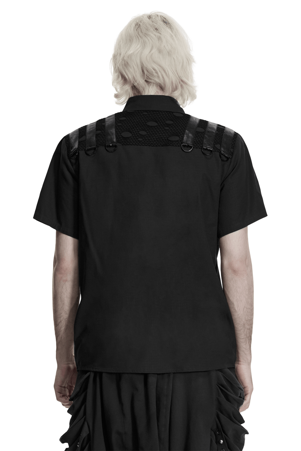 Back view of a Punk Distressed Shirt with D-Ring Shoulder Loops, featuring unique shoulder straps and a sleek black design.