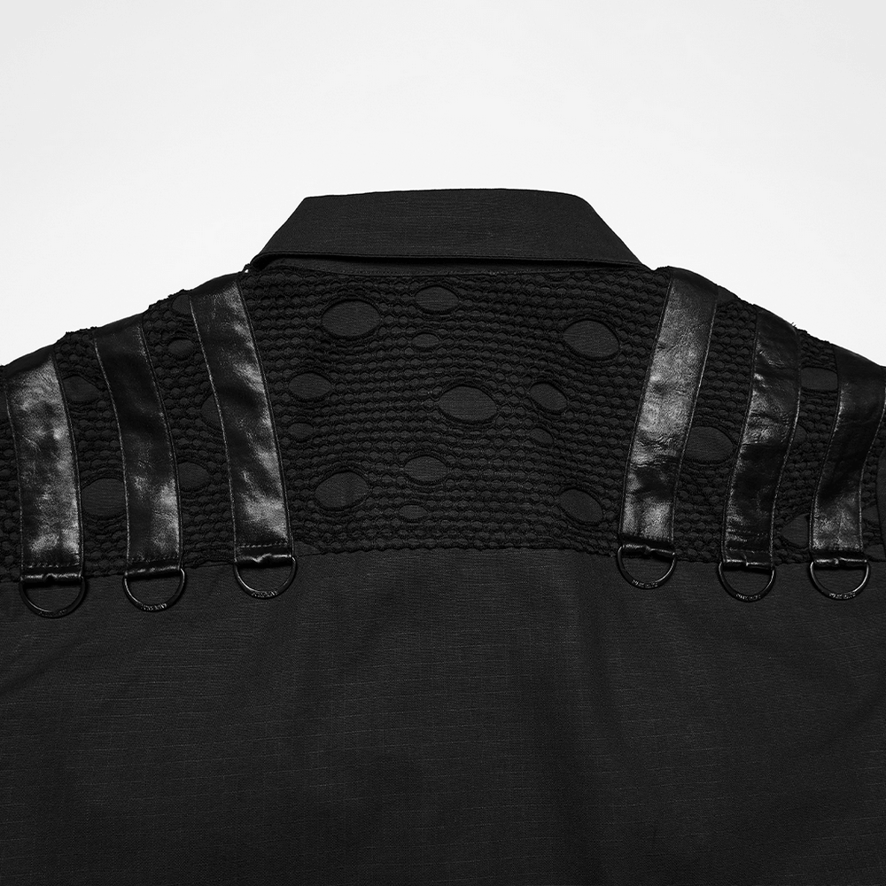 Back view of the Punk Distressed Shirt with D-Ring Shoulder Loops showcasing textured panels and D-ring details.