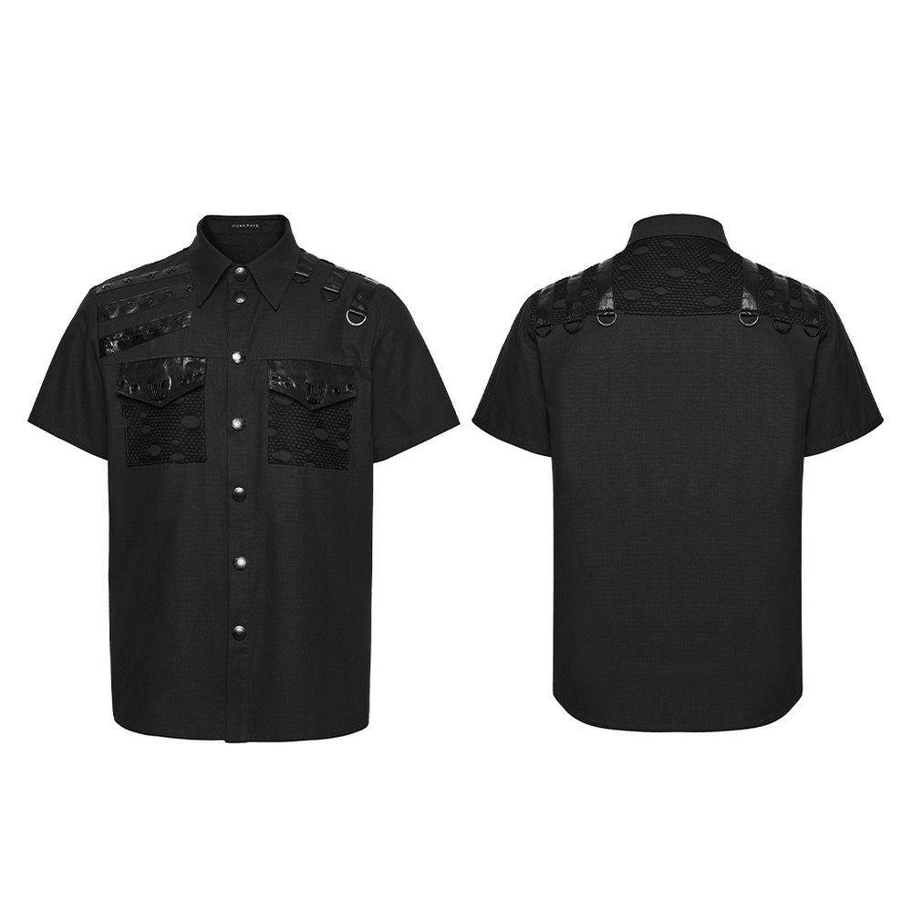 Punk Distressed Shirt with D-Ring Shoulder Loops showcasing front and back views with eyelet panels and utility pockets.