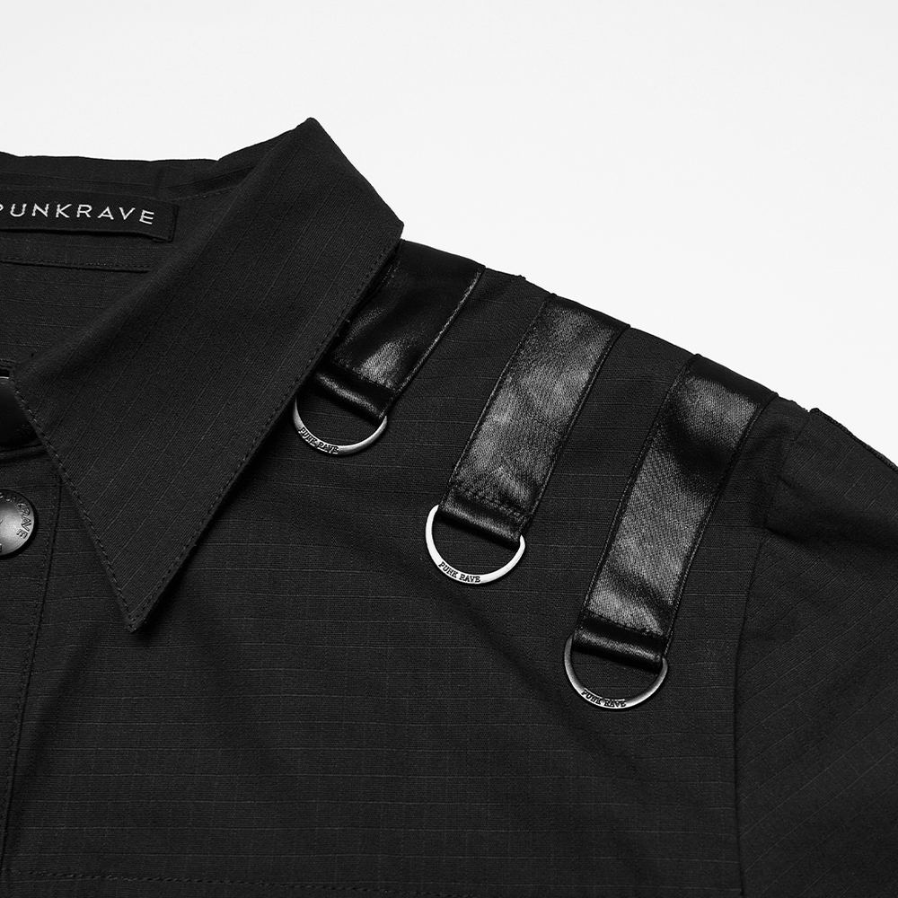 Punk Distressed Shirt with D-Ring Shoulder Loops featuring black fabric and unique shoulder design.