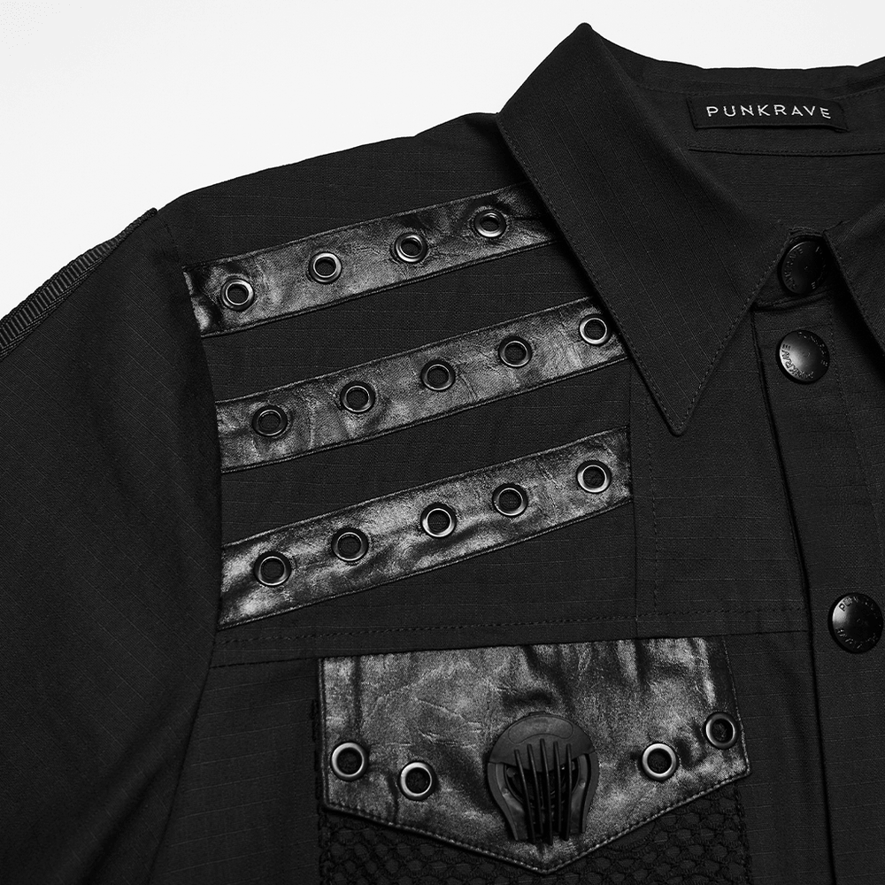 Punk Distressed Shirt with D-Ring Shoulder Loops close-up, featuring eyelet panels and snap buttons.