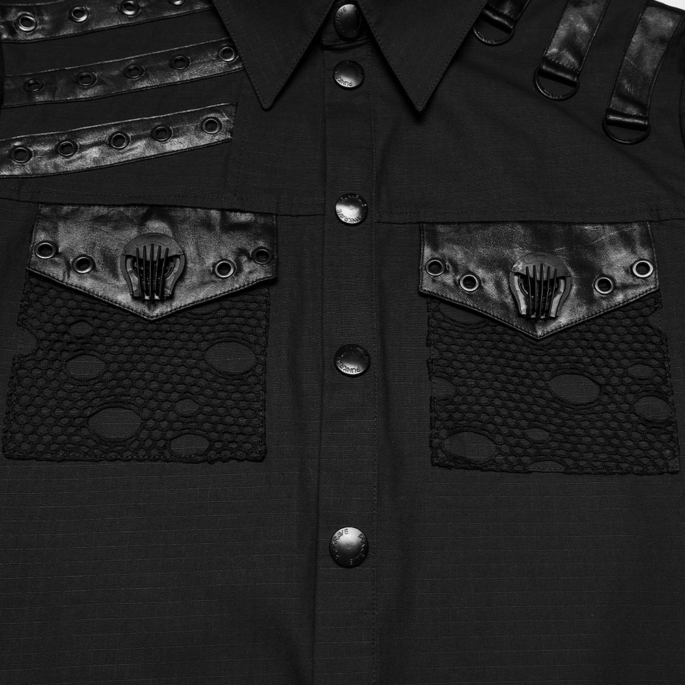 Close-up of the Punk Distressed Shirt with D-Ring Shoulder Loops showcasing eyelet panels and faux leather details.