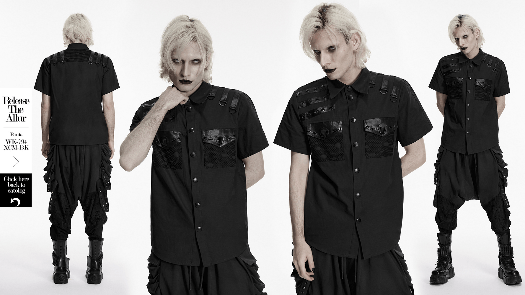 Punk Distressed Shirt with D-Ring Shoulder Loops worn by model, showcasing unique design and dark aesthetic.