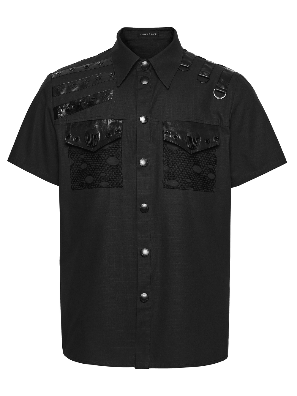 Punk Distressed Shirt with D-Ring Shoulder Loops featuring eyelet panels and textured details.