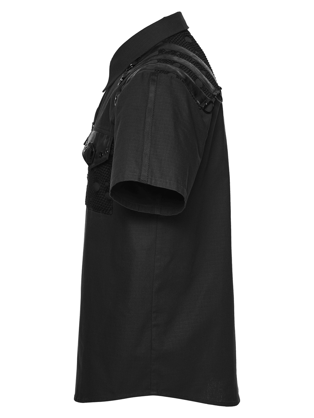 Punk Distressed Shirt with D-Ring Shoulder Loops showcasing metal eyelet details and textured fabric.