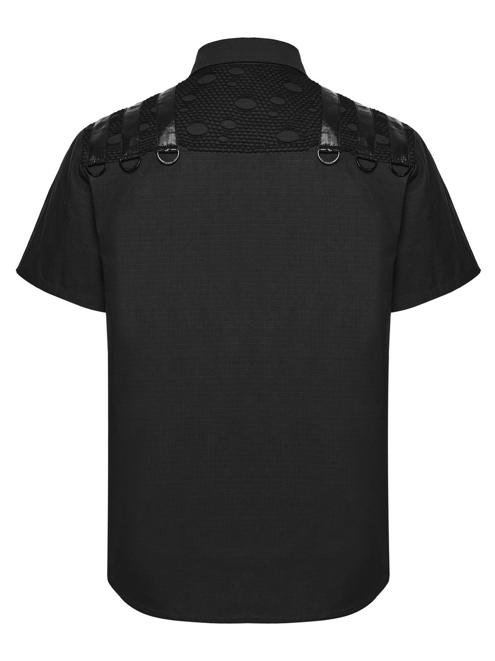 Back view of the Punk Distressed Shirt with D-Ring Shoulder Loops showcasing eyelet panels and unique design elements.