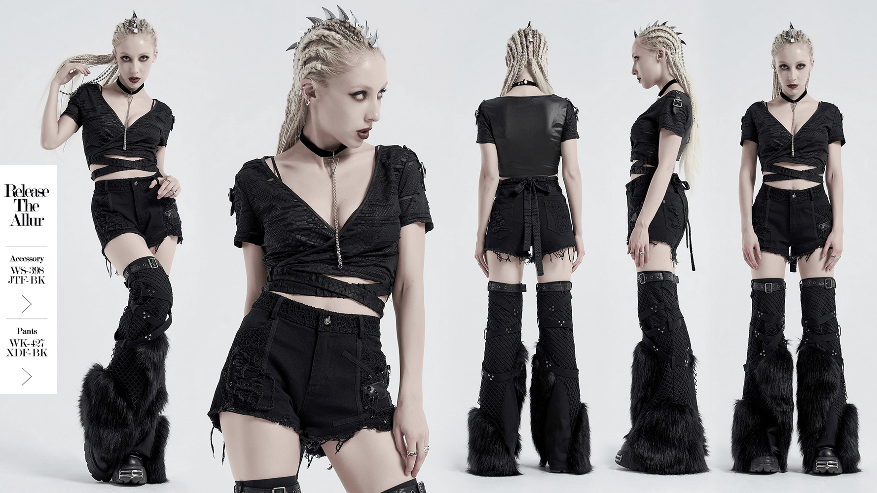 Stylish model showcasing a black punk Gothic crop top with ripped details and edgy accessories, exuding dark allure.