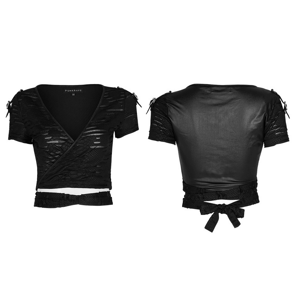Punk distressed black V-neck crop top with ripped details and stylish ties, showcasing edgy Gothic fashion.
