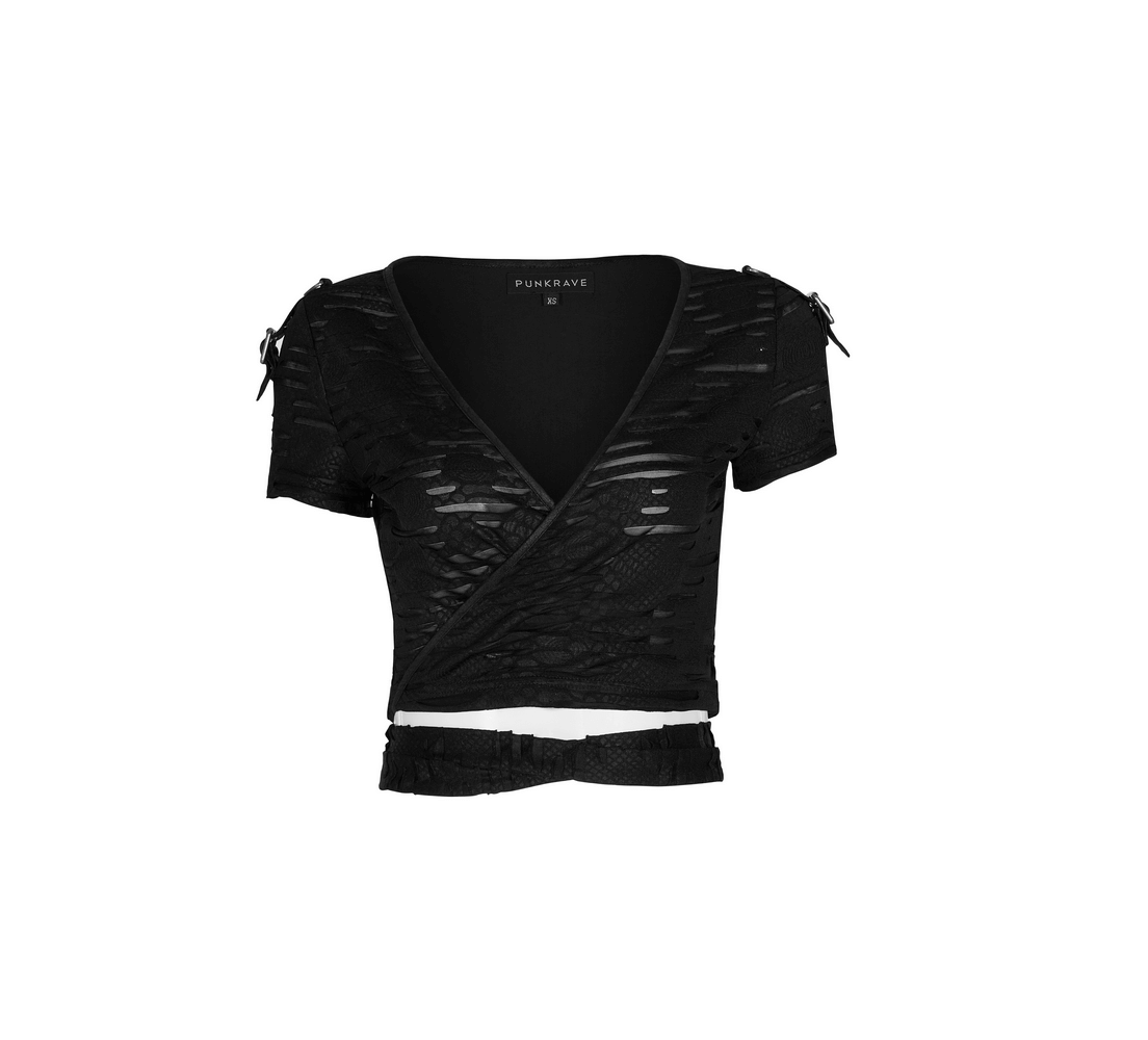 Black Gothic V-Neck T-shirt with ripped straps and cropped design, perfect for an edgy punk style.