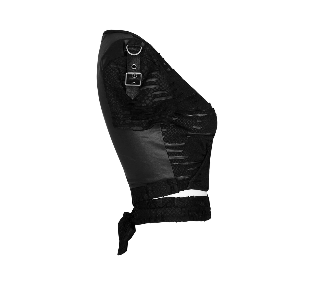 Edgy black punk crop top with ripped details and strap accents for a bold gothic look.
