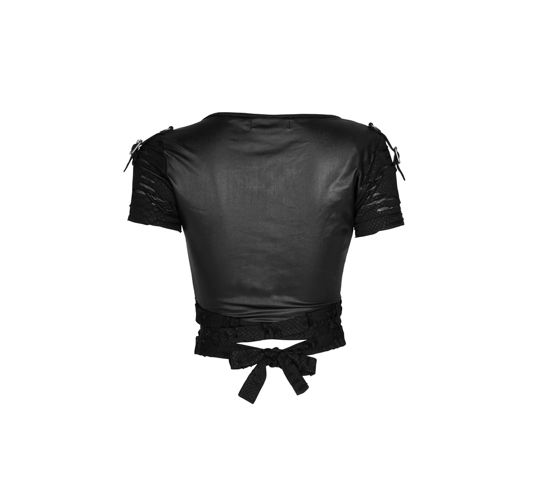 Back view of a black punk distressed V-neck crop top with ripped straps and tie detail, perfect for edgy outfits.