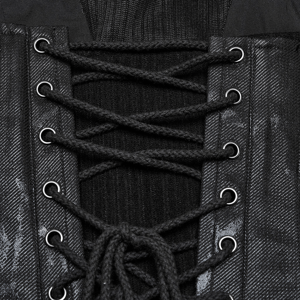 Close-up of punk drawstring tube top with lace-up detail and metal hardware, showcasing edgy Gothic fashion.