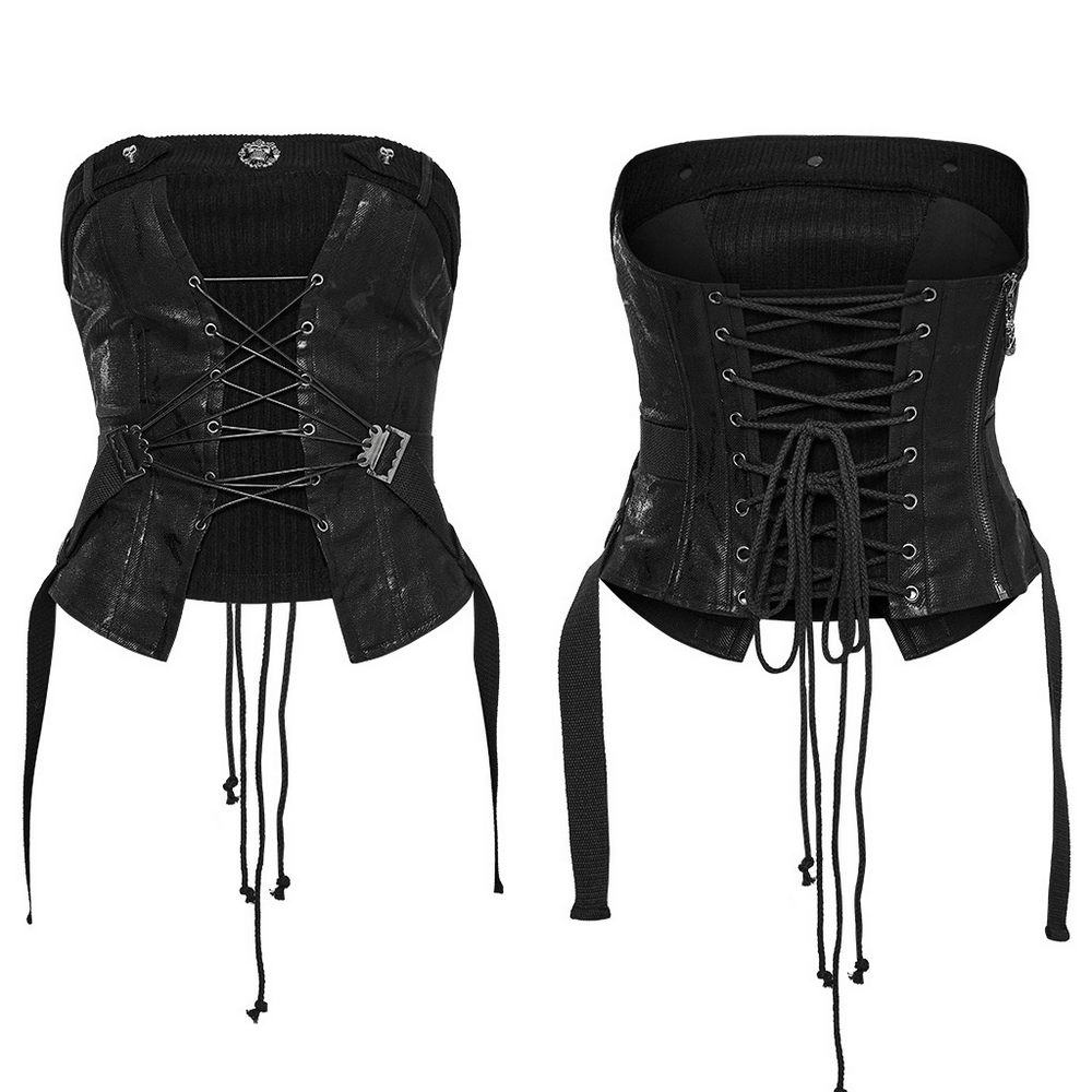 Black Gothic women's drawstring tube top with lace-up detail and adjustable straps, perfect for an edgy punk look.