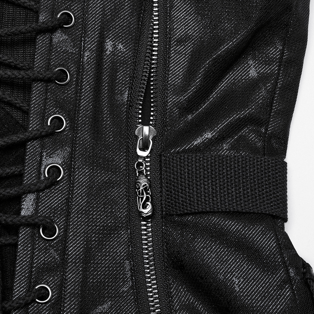 Close-up of a black punk tube top featuring lace-up detail and a stylish zipper.