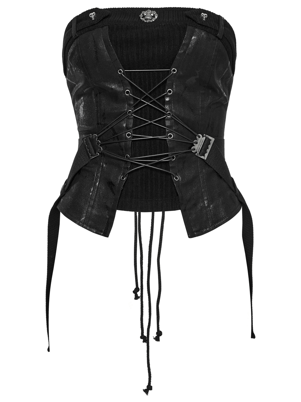 Black punk drawstring tube top with zipper and lace-up detail for edgy women's fashion.