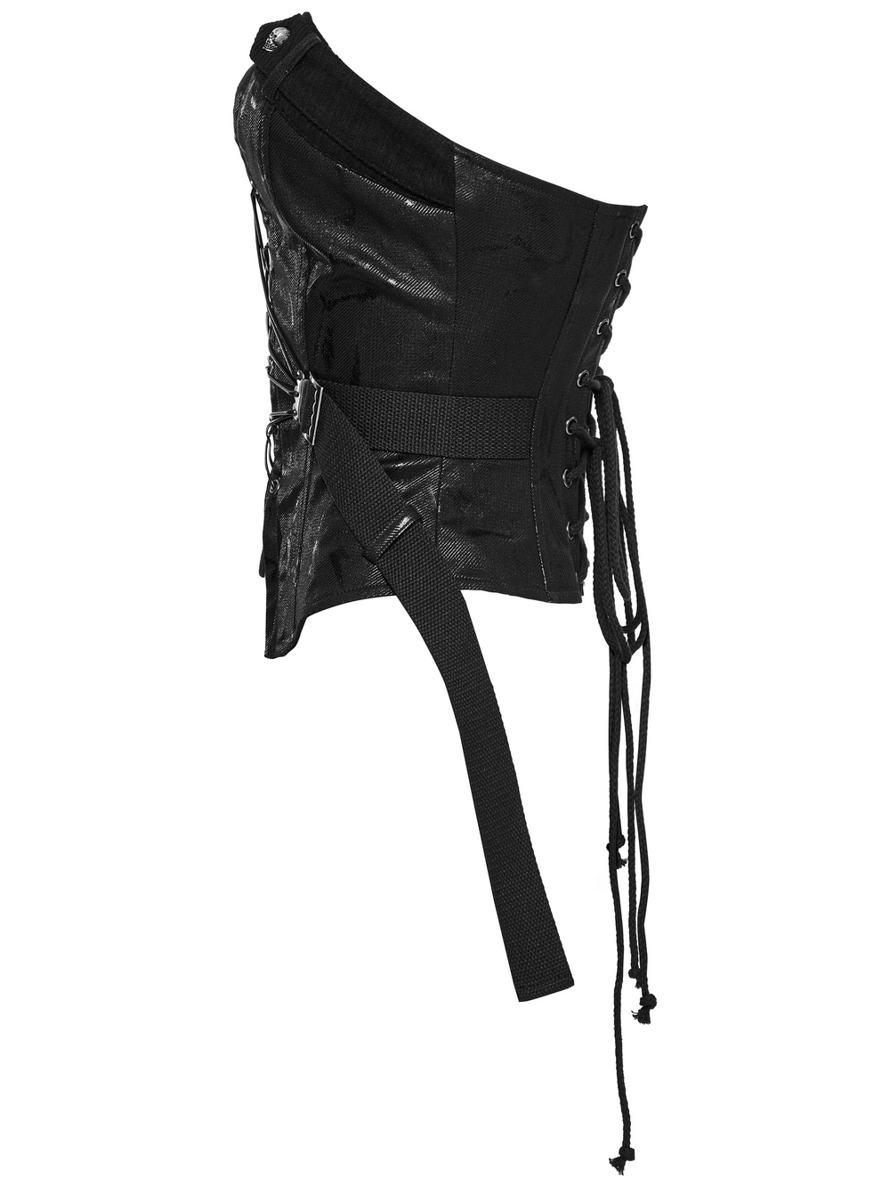 Black punk drawstring tube top with side zipper, lace-up detail, and adjustable straps for a bold, edgy look.