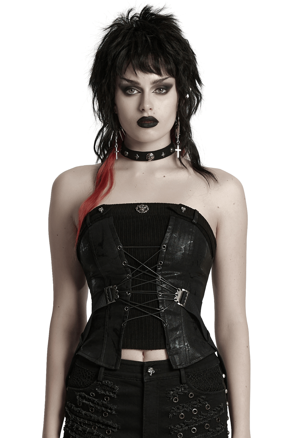 Gothic women's punk tube top with lace-up detail, black fabric, edgy style, worn with edgy makeup and accessories.