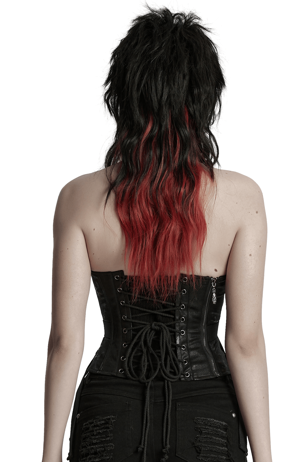 Back view of woman in black punk tube top with lace-up detail and red-tipped hair, showcasing edgy style.