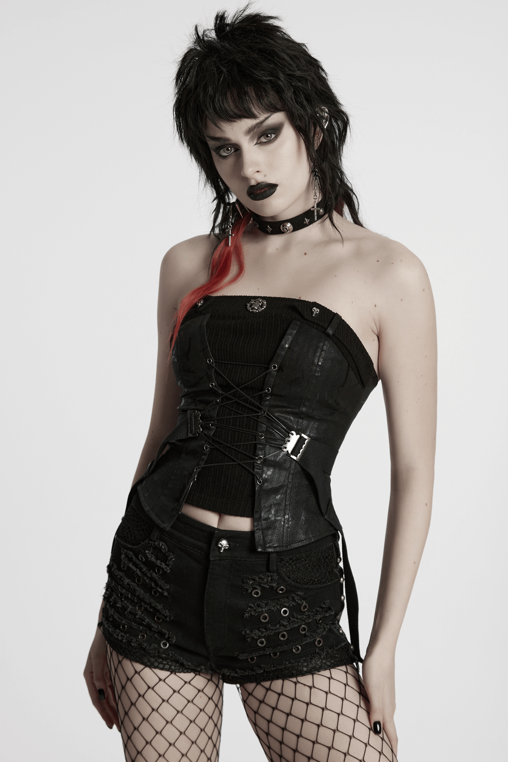 Black Gothic drawstring tube top with lace-up detail, showcasing punk fashion and edgy style for a bold look.