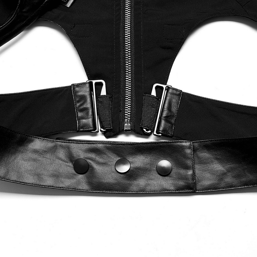Detail of punk edgy black PU leather vest showcasing detachable waistband and gunmetal zipper.