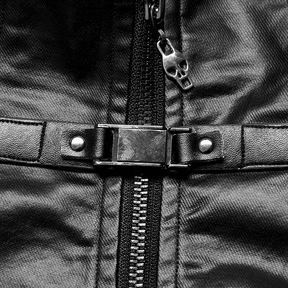 Close-up of black PU leather vest featuring gunmetal zipper and metal accents for an edgy punk look.