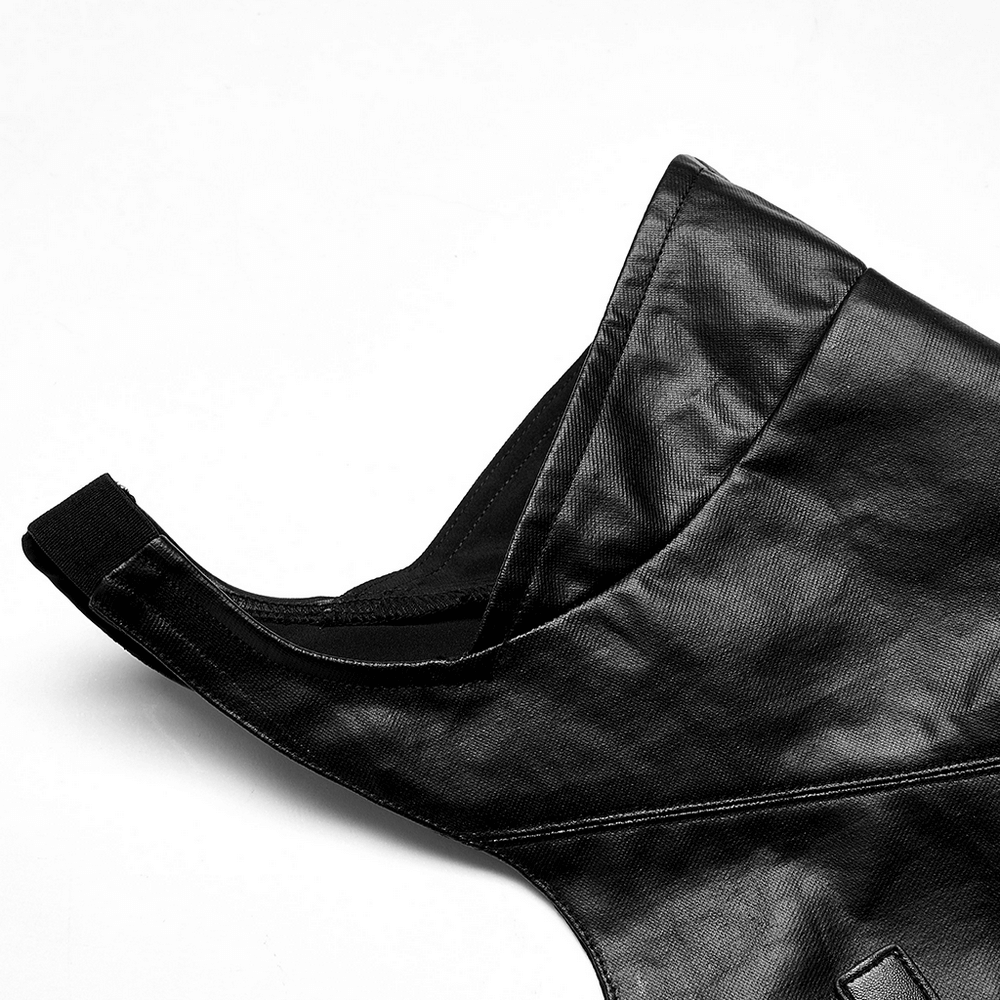 Close-up of a punk-inspired black PU leather vest with wide shoulders and smooth fabric texture.