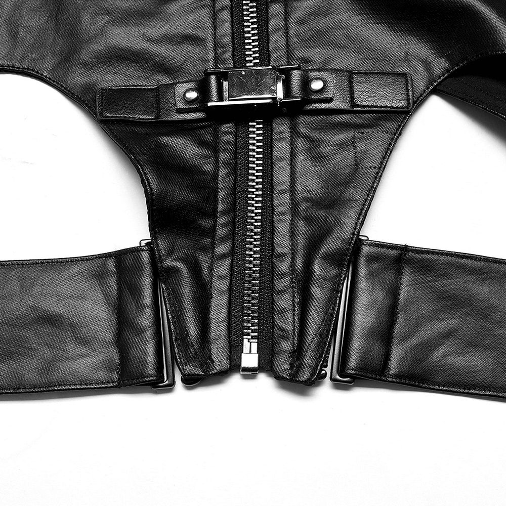 Close-up of a punk edgy black PU leather vest with gunmetal zipper and detachable waistband.