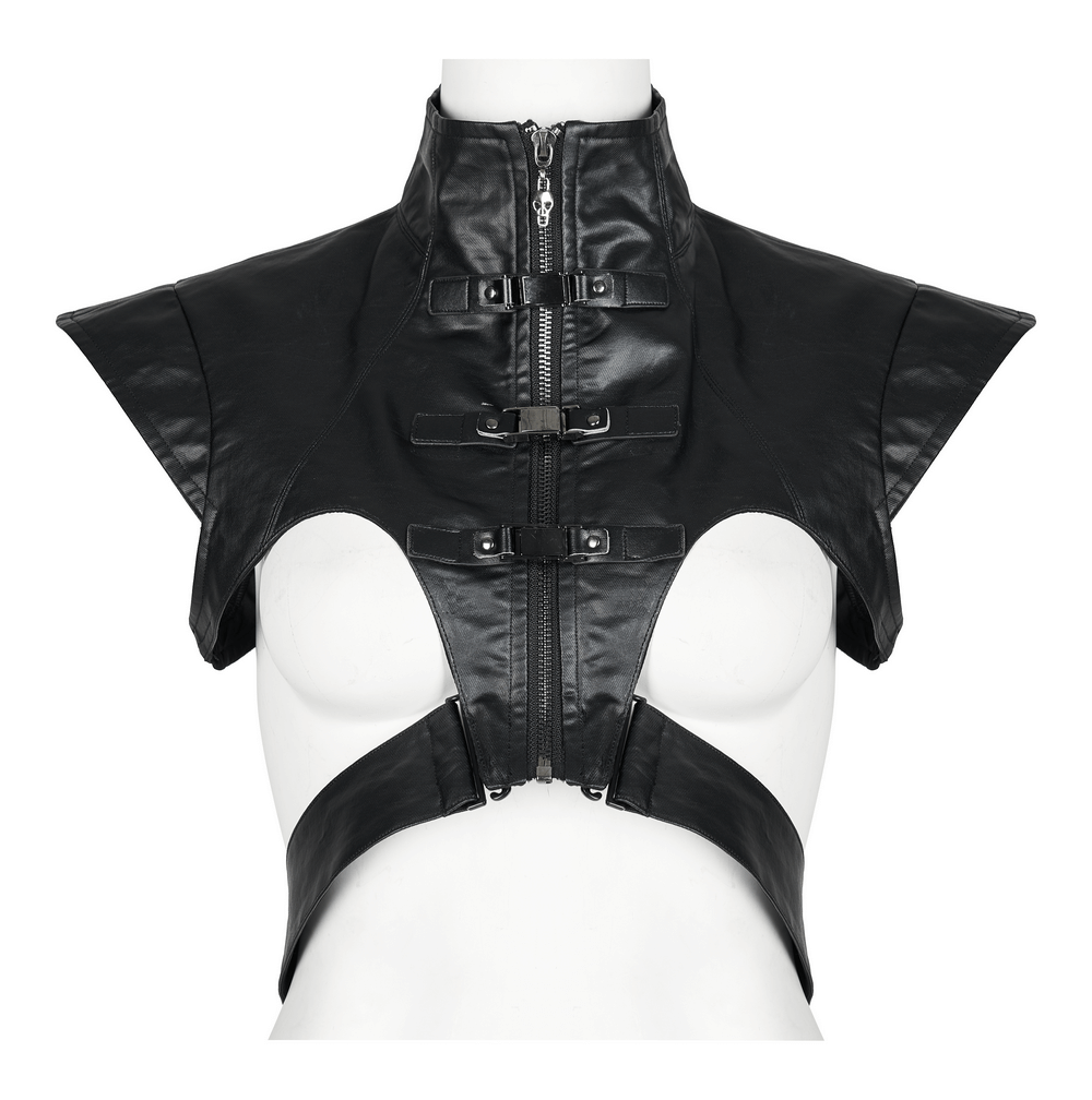 Punk edgy black PU leather vest with wide shoulders and detachable straps for a rebellious look.