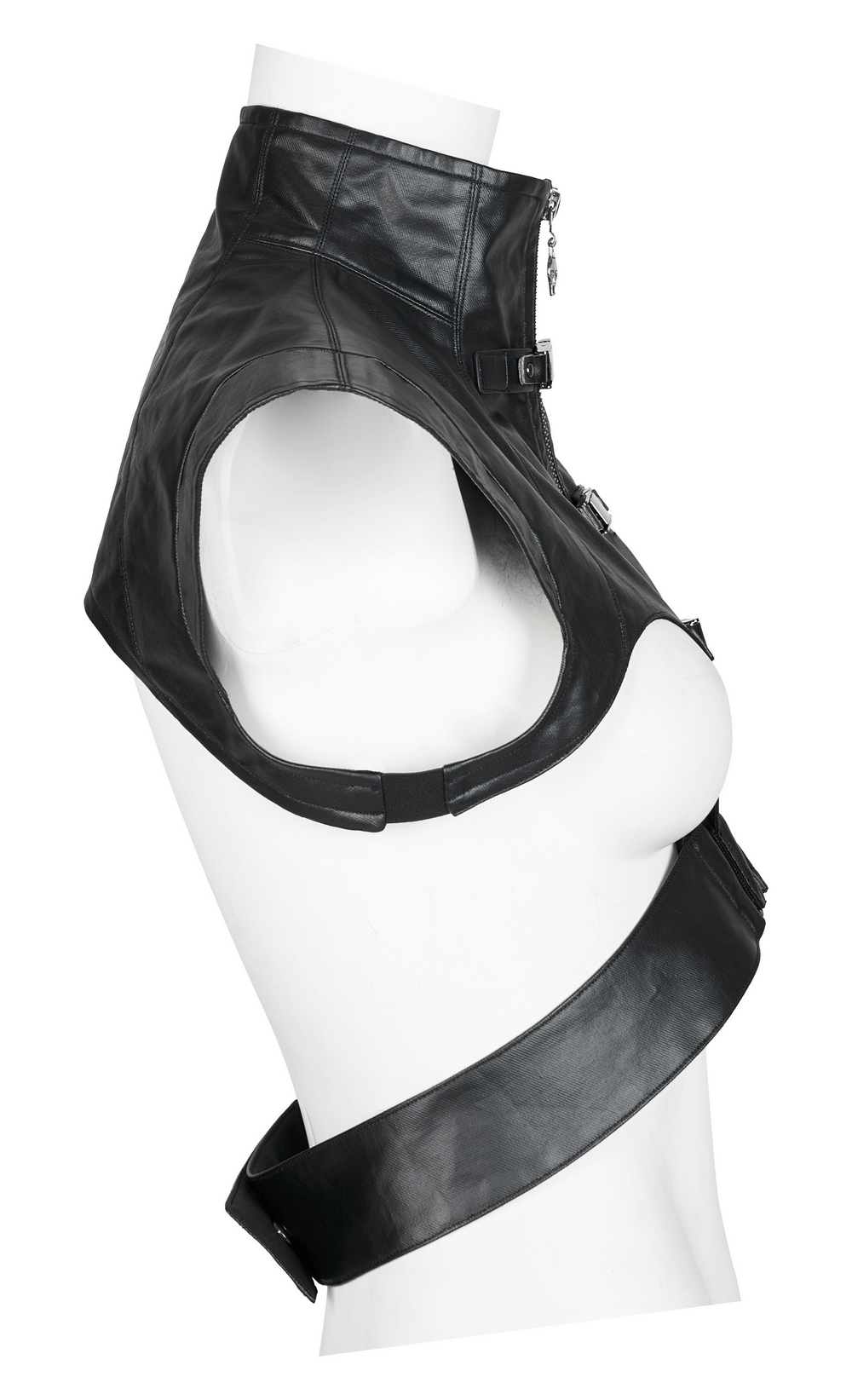 Punk edgy black PU leather vest with wide shoulders and detachable waistband for a bold fashion statement.