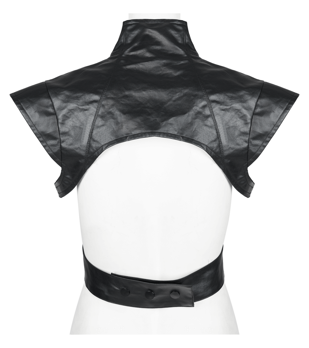 Back view of punk edgy black PU leather vest with wide shoulders and detachable waistband accents.