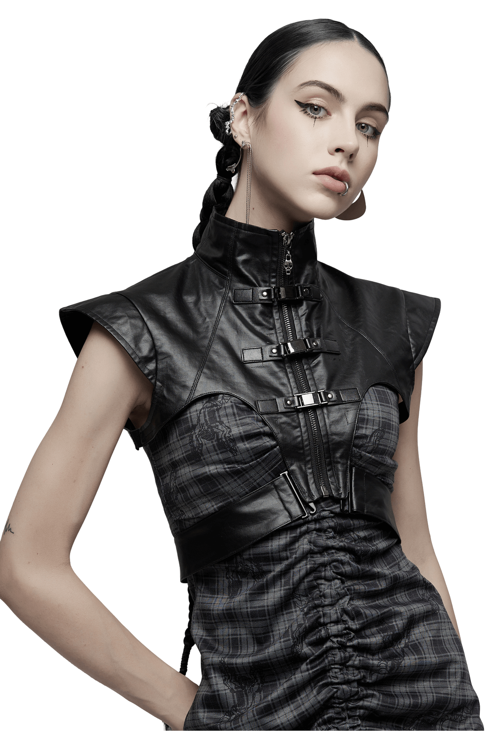Punk edgy black PU leather vest with metal accents and a wide-shoulder design, showcasing a stylish rocker look.
