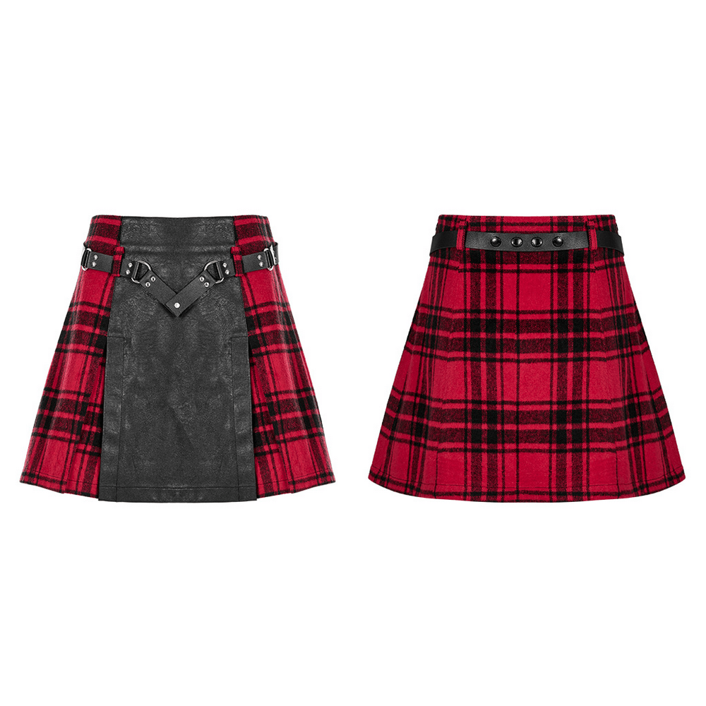 Punk faux leather and plaid splice mini skirt with rivet belts, showcasing edgy rockstar style and vibrant red plaid.