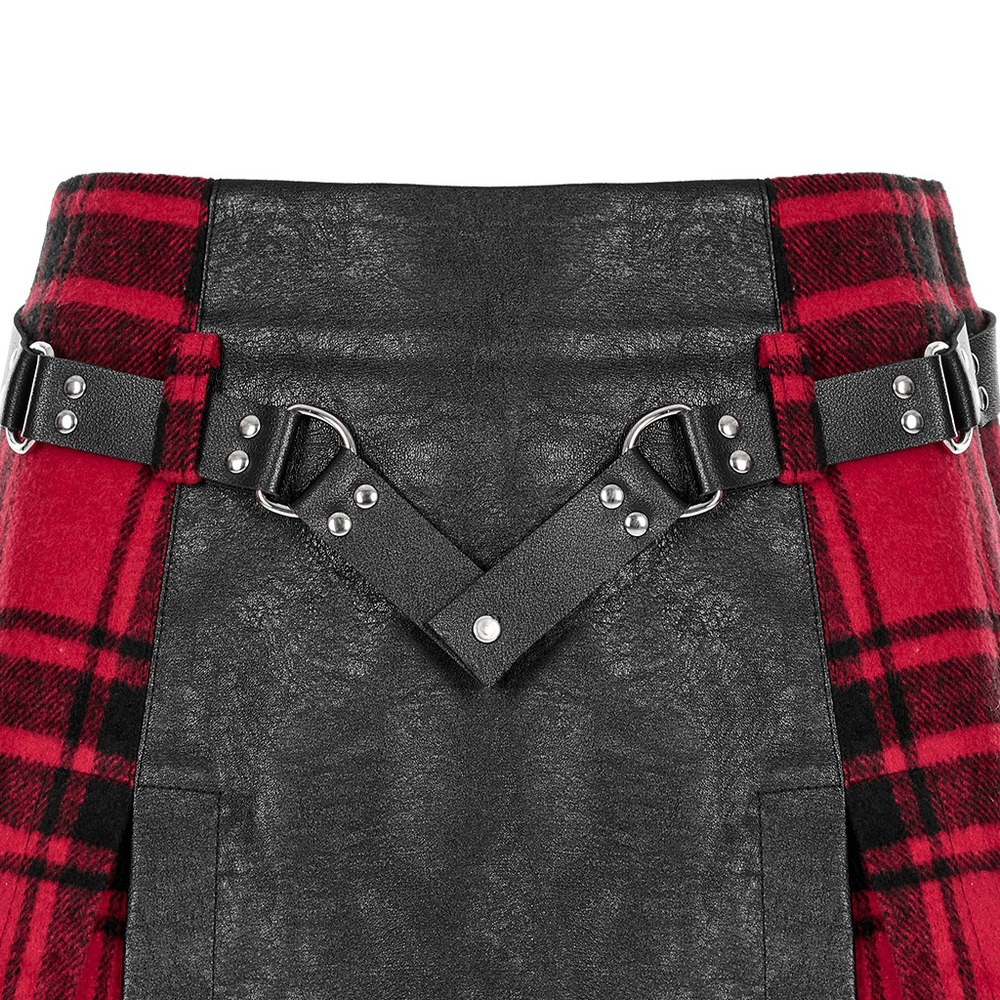 Punk Faux Leather and Plaid Splice Mini Skirt with Rivet Belt