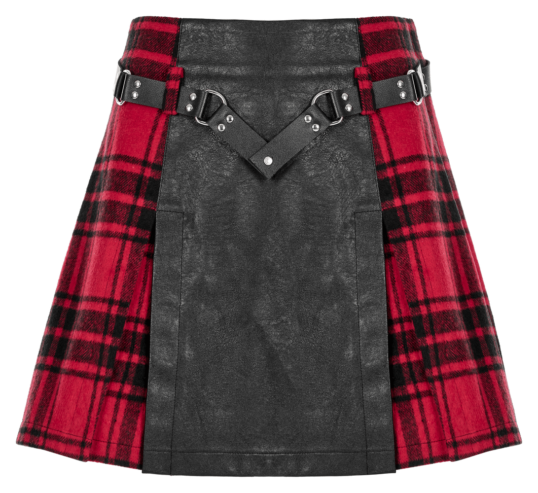 Punk faux leather and plaid splice mini skirt with rivet belt, edgy rockstar fashion.