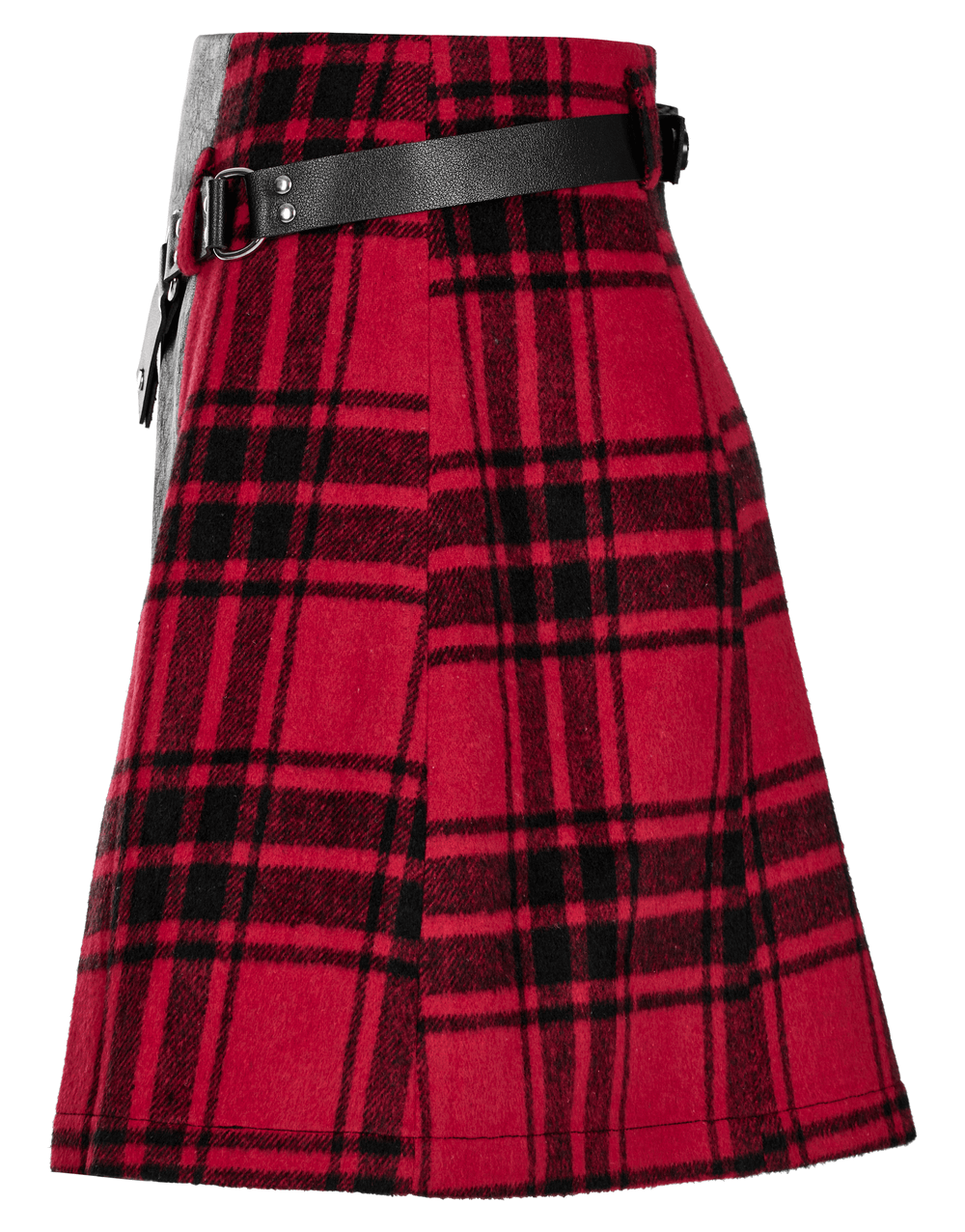Punk faux leather and plaid splice mini skirt with rivet belt in red and black plaid, perfect for edgy outfits.