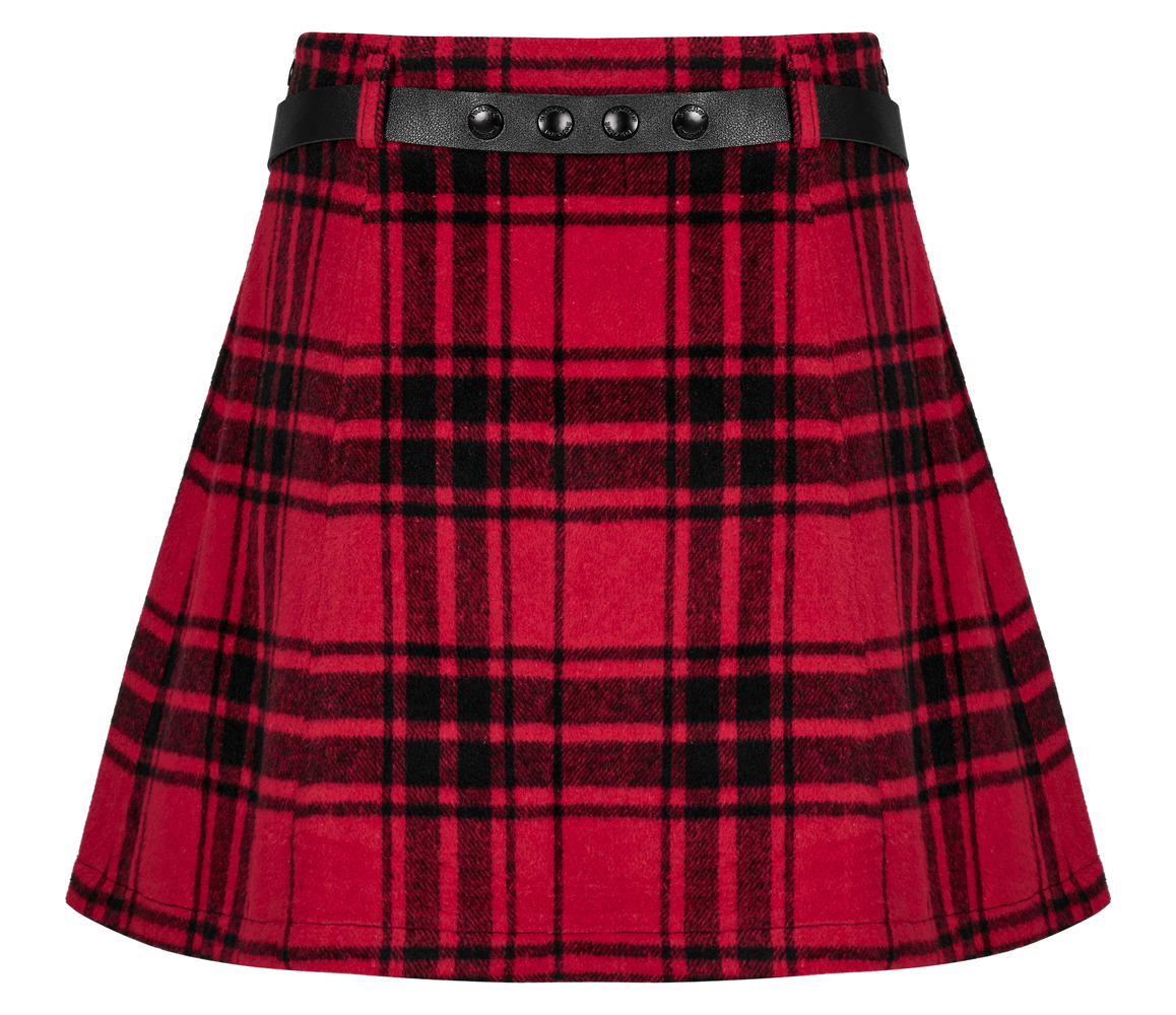 Punk faux leather and plaid splice mini skirt with rivet belt, perfect for an edgy, stylish look.