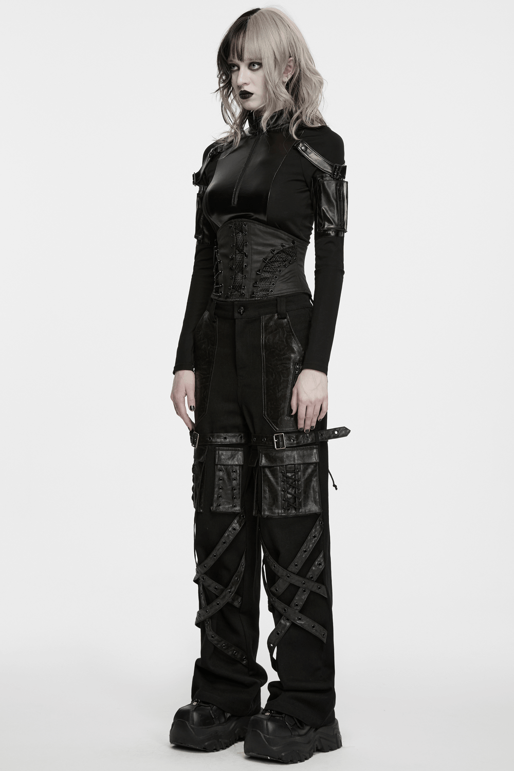 Punk Faux Leather Corset Belt with Mesh Panels styled in a dramatic black ensemble with edgy details.