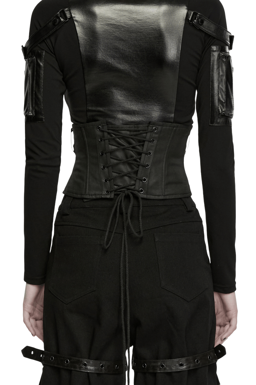 Punk Faux Leather Corset Belt with Mesh Panels featuring lace-up back and structured design.