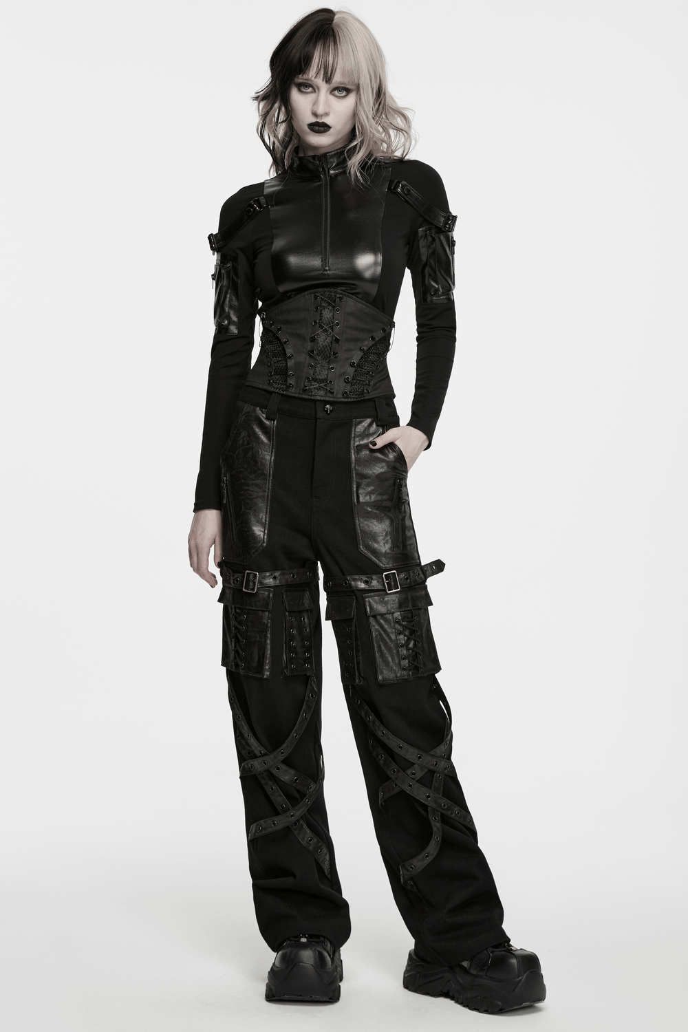 Punk Faux Leather Corset Belt with Mesh Panels styled over edgy black outfit, combining fierce punk aesthetics.