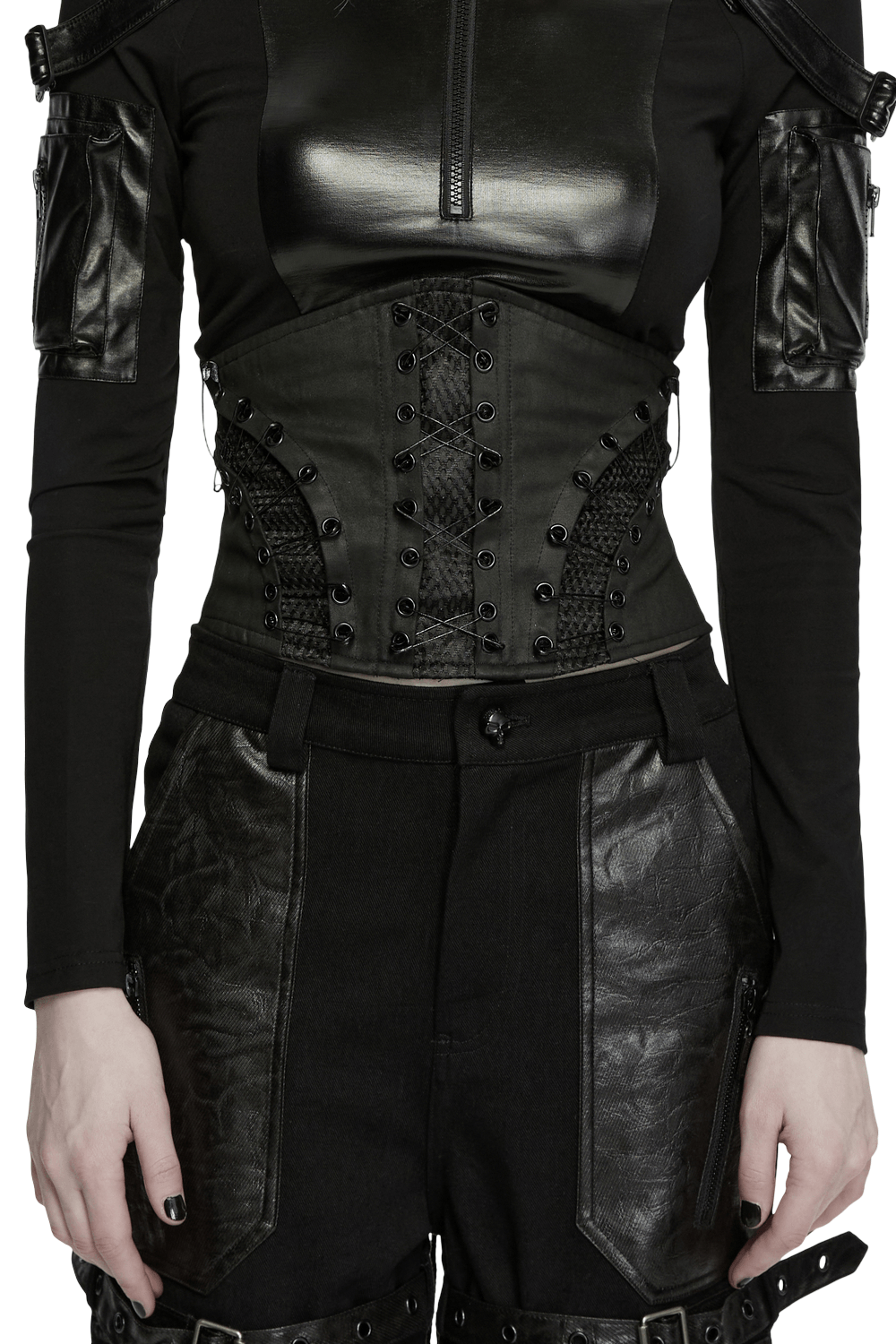Punk Faux Leather Corset Belt with Mesh Panels styled with a sleek black outfit featuring structured corset and zippers.