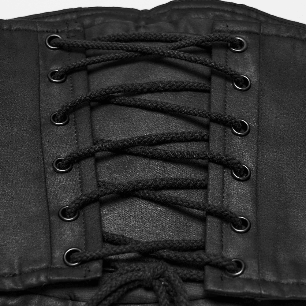 Punk Faux Leather Corset Belt with Mesh Panels lace-up back detail showcasing safety pins and metal eyelets.