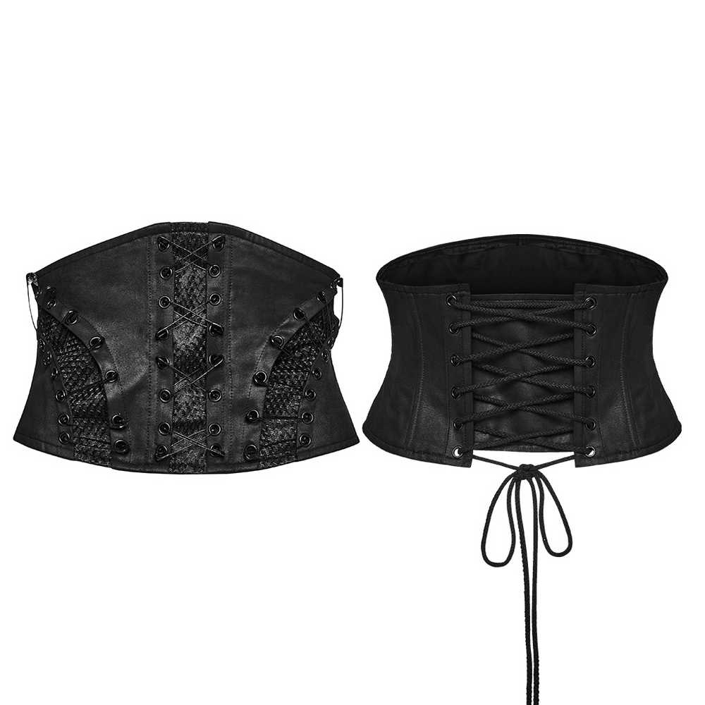 Punk Faux Leather Corset Belt with Mesh Panels featuring lace-up back and safety pin details in sleek black design.