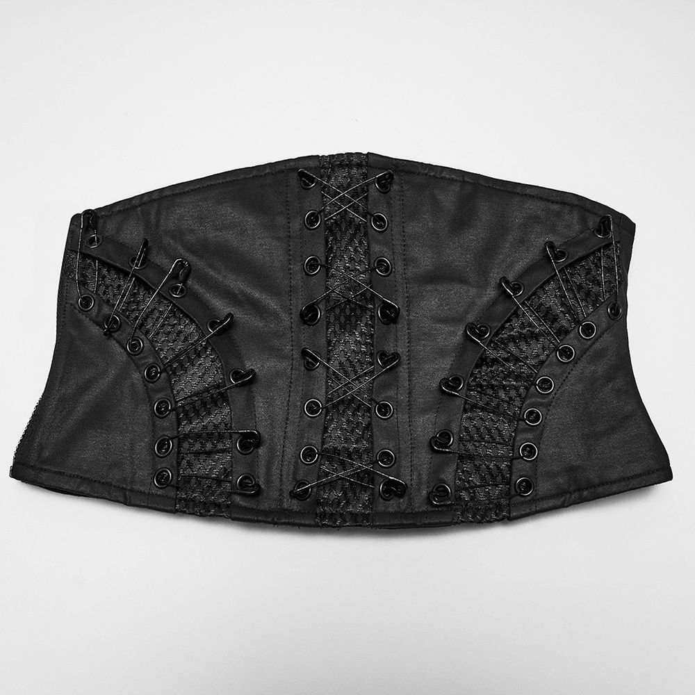 Punk Faux Leather Corset Belt with Mesh Panels featuring lace-up back and safety pin details.