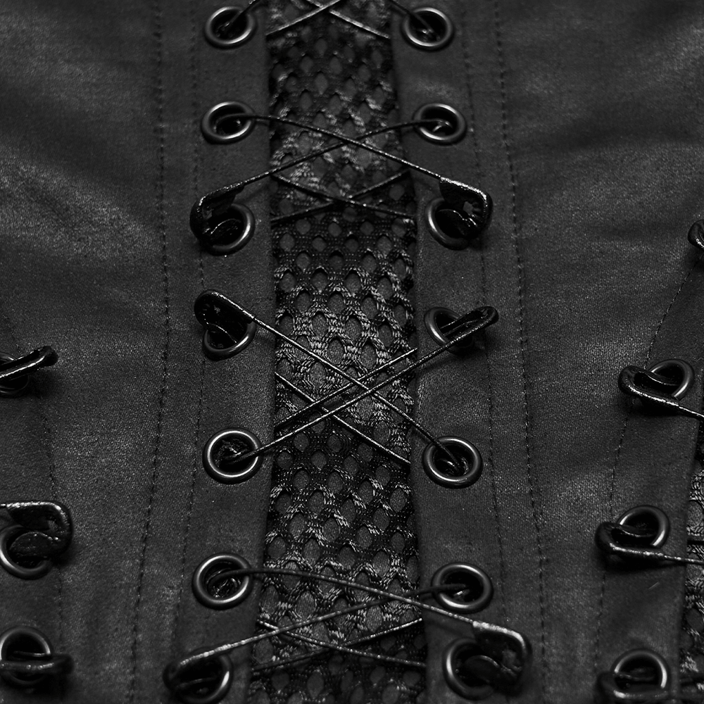Punk Faux Leather Corset Belt with Mesh Panels showcasing intricate lace-up design and safety pin details.