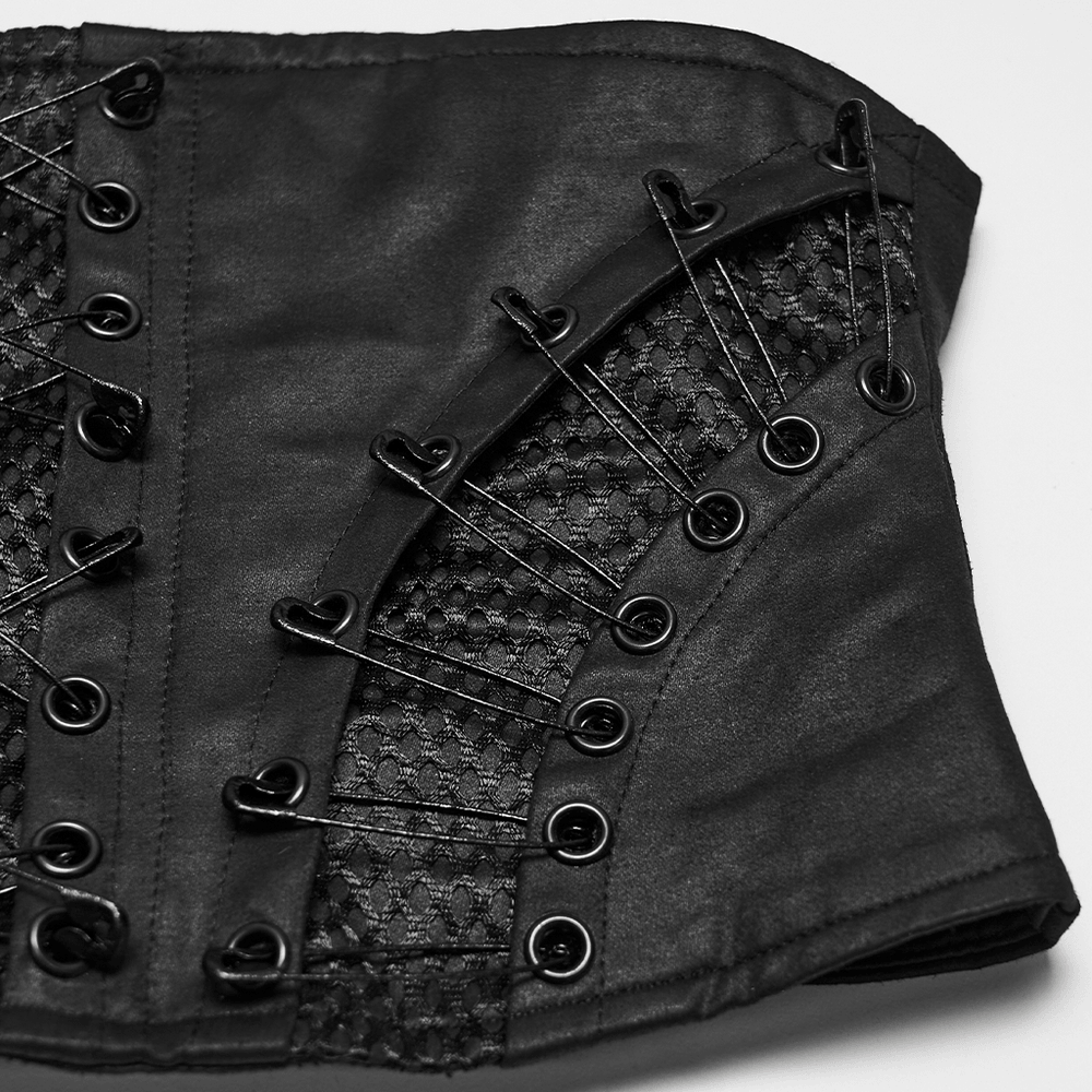 Punk Faux Leather Corset Belt with Mesh Panels showcasing lace-up back and safety pin details.