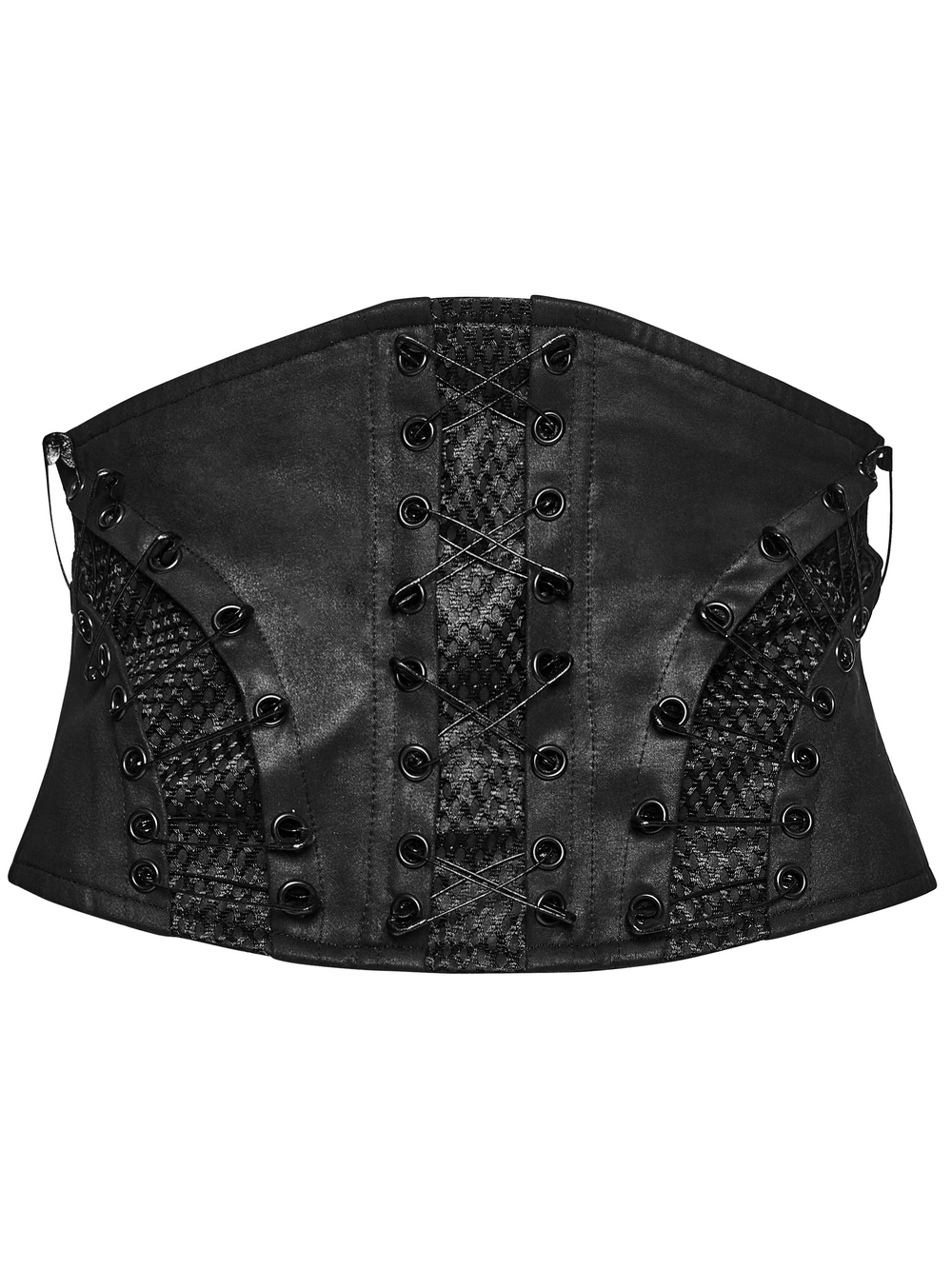 Punk Faux Leather Corset Belt with Mesh Panels featuring lace-up back and safety pin details, perfect for edgy styling.