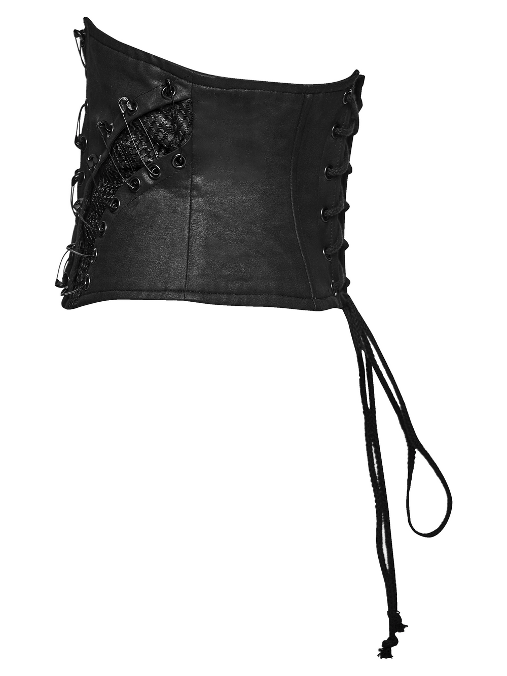 Punk Faux Leather Corset Belt with Mesh Panels featuring safety pin details and lace-up back design.